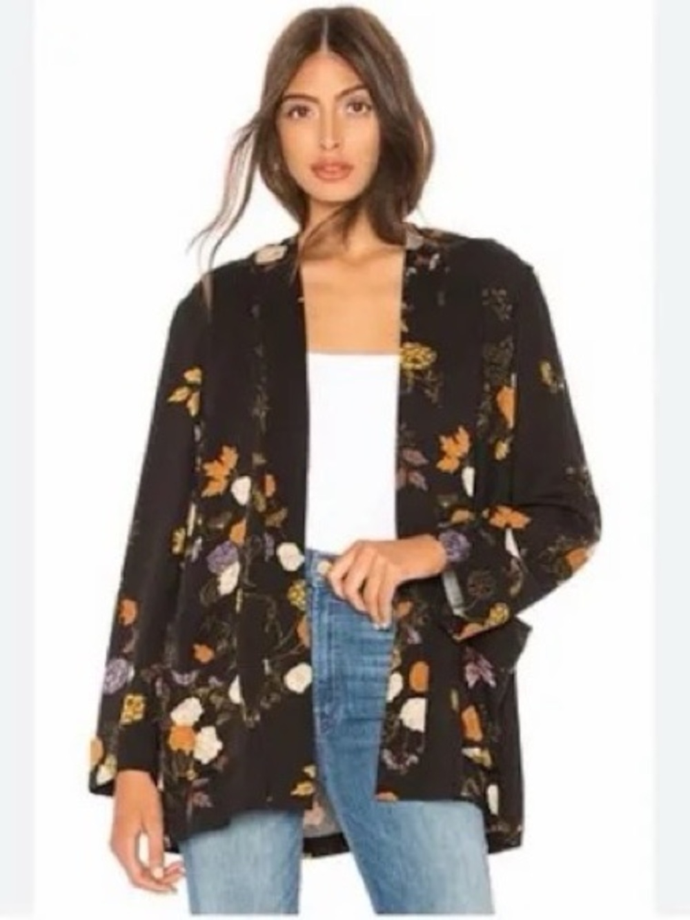 Free People Black Floral Open-Front Kimono Jacket